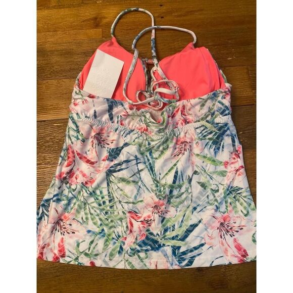 BECCA M/S Tankini Set NWT swimwear White Pink Green Floral Tropical Print Beach - Picture 4 of 12